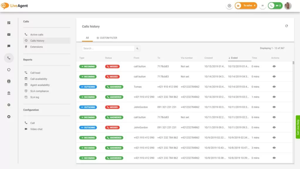 Overview of the call center interface in LiveAgent.