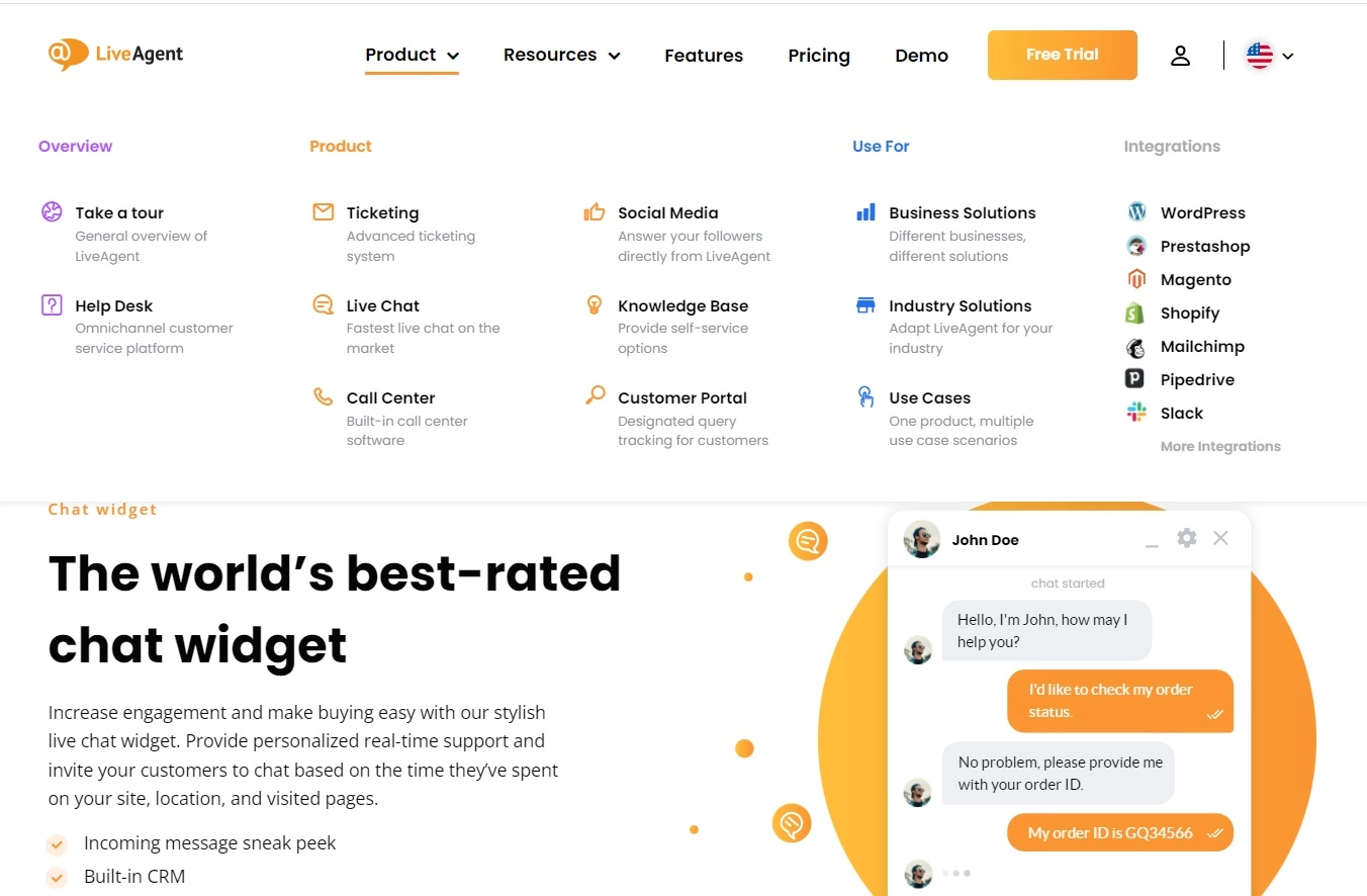LiveAgent's product navigation