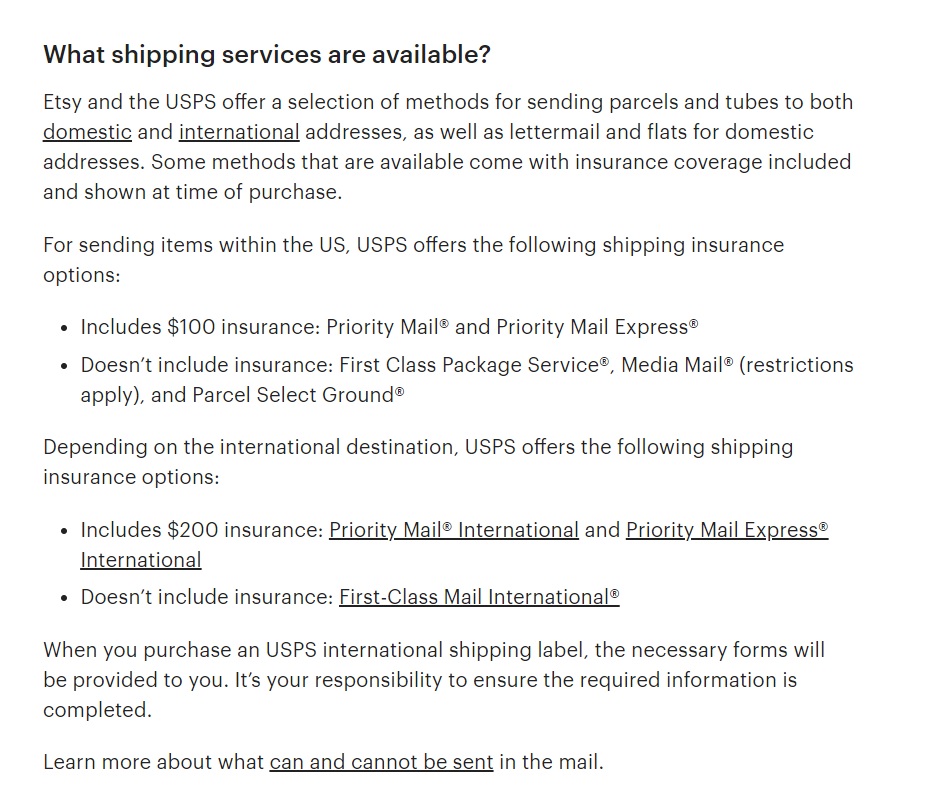 Etsy available shipping services