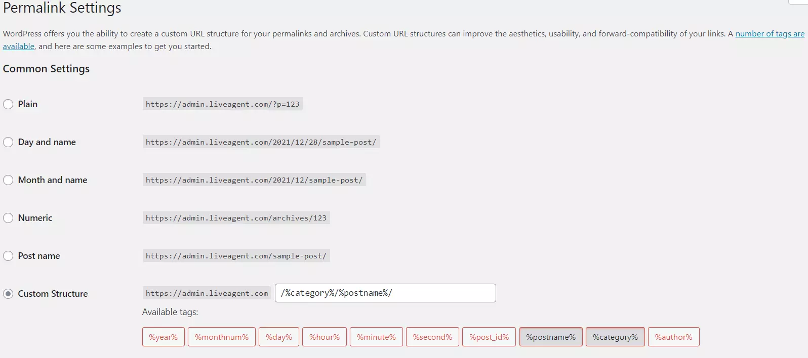 Example of Permalink settings