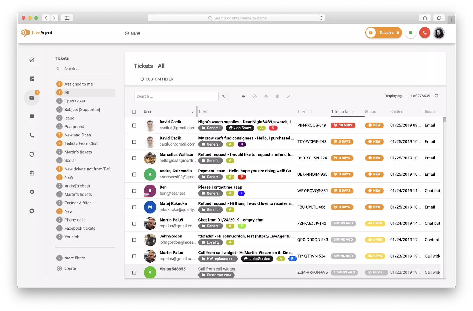 LiveAgent&rsquo;s inbox all tickets preview - Quick and easy customer communication with Live Agent