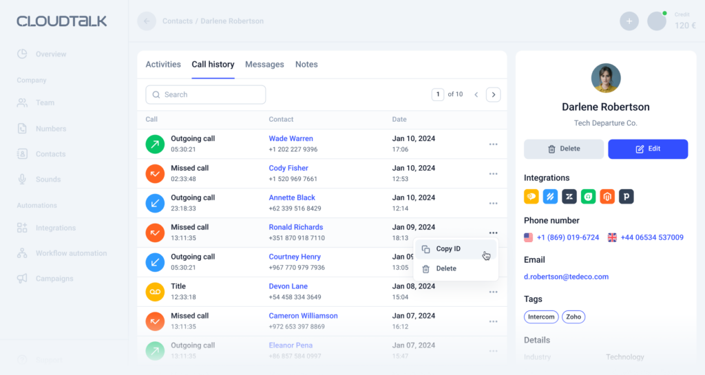 Пользовательский интерфейс CloudTalk