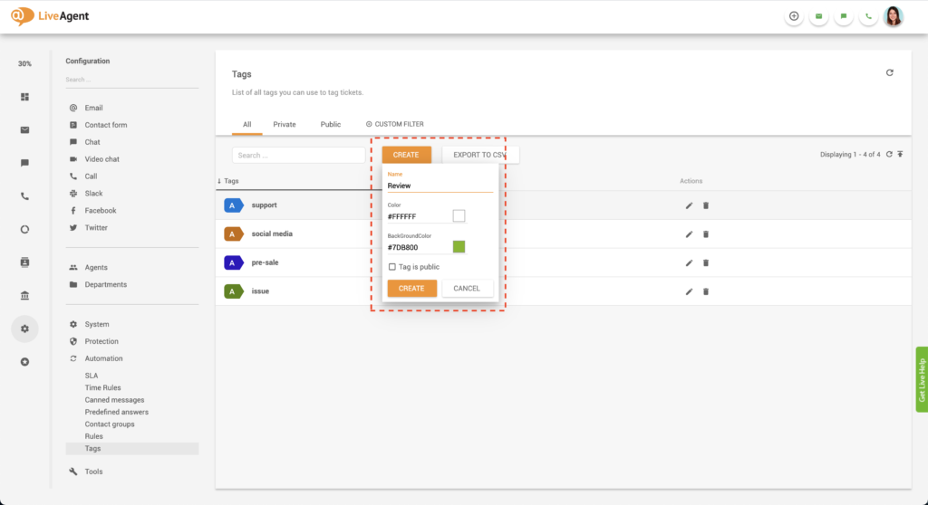 Creating custom tags in LiveAgent