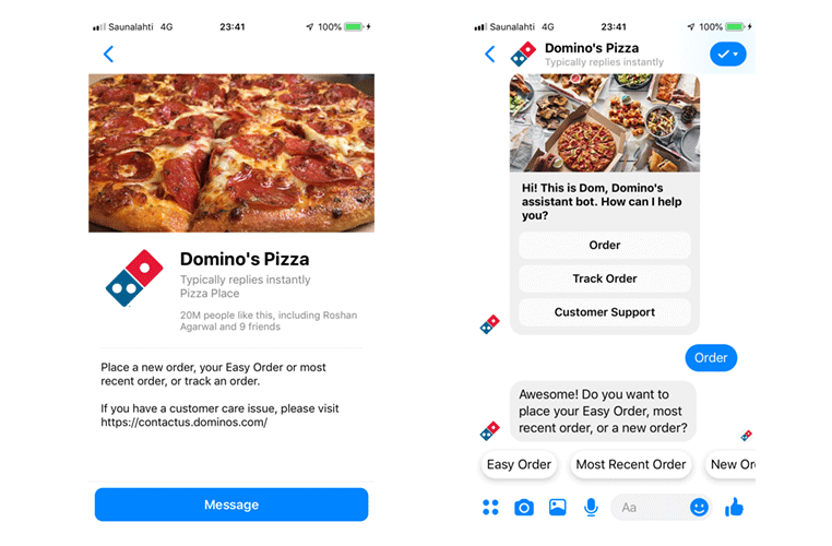 Живой чат Domino's Pizza через Messenger для размещения заказов