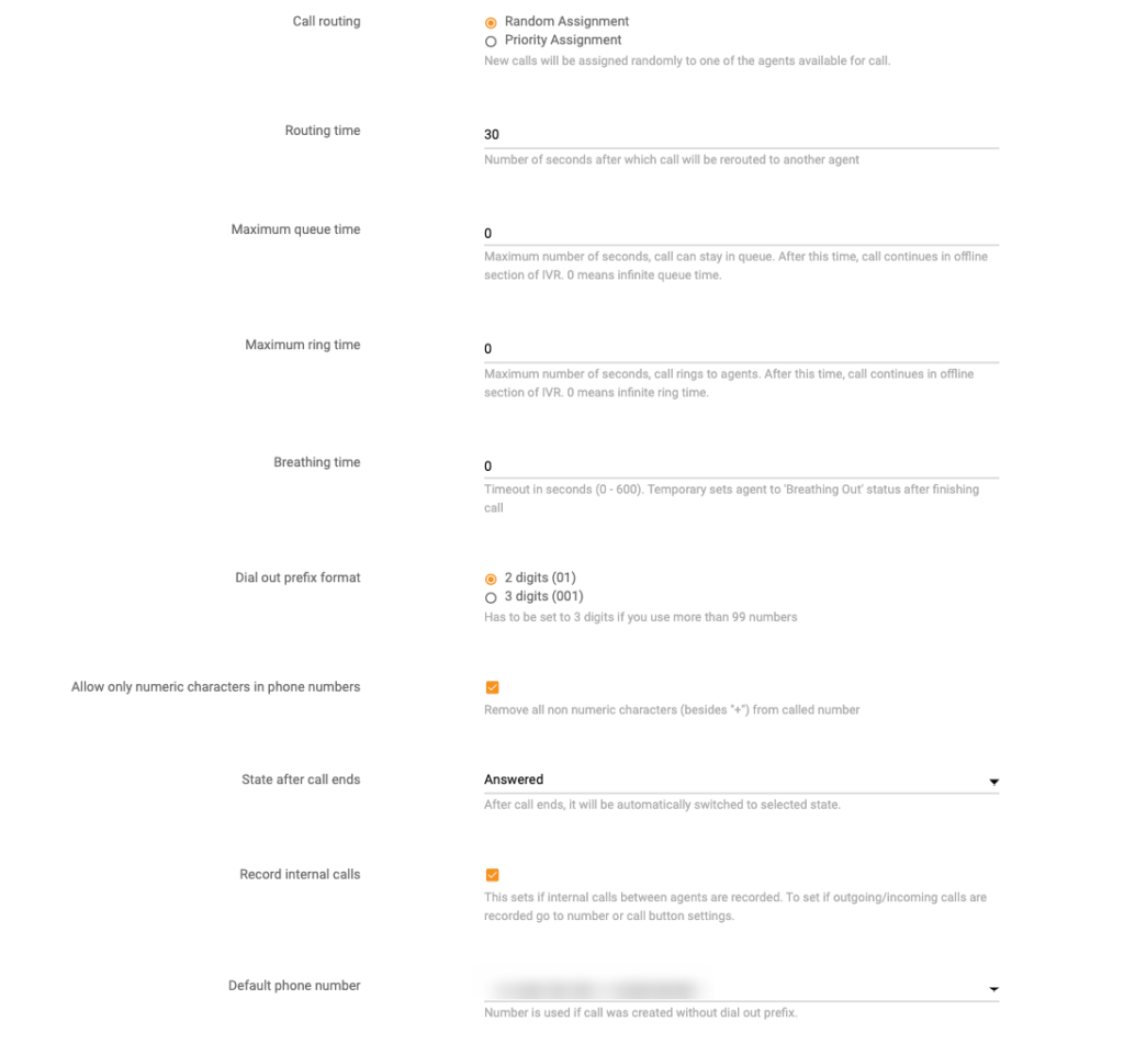 LiveAgent call settings