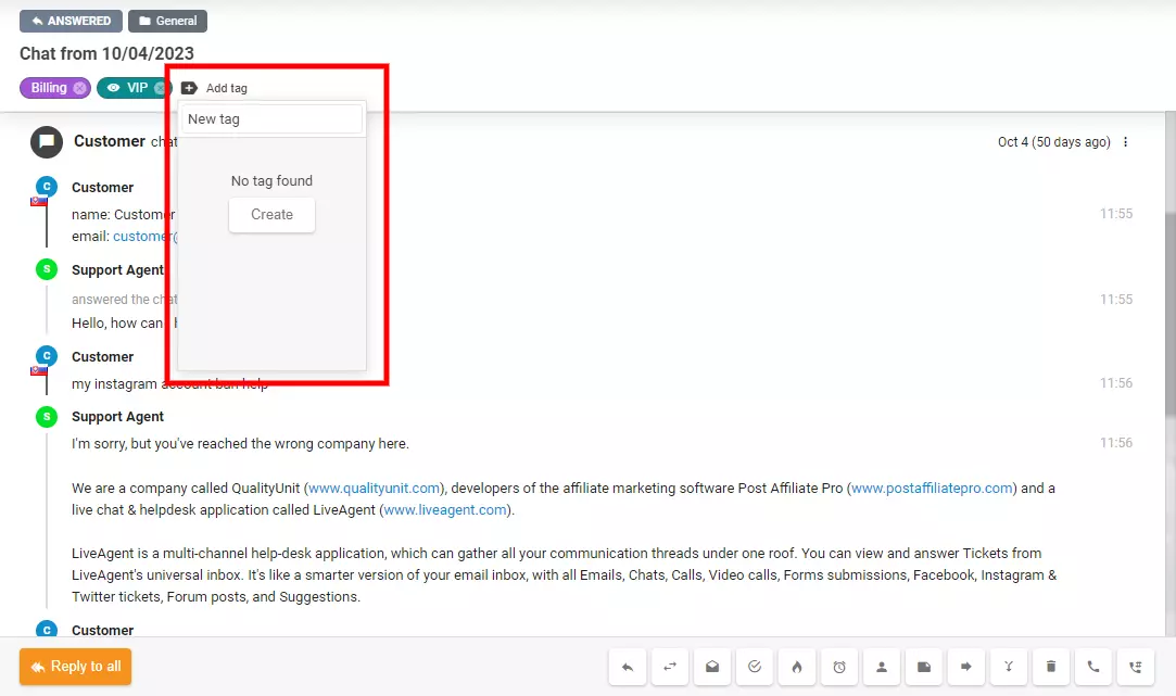 Image shows how to create a new tag directly inside a ticket