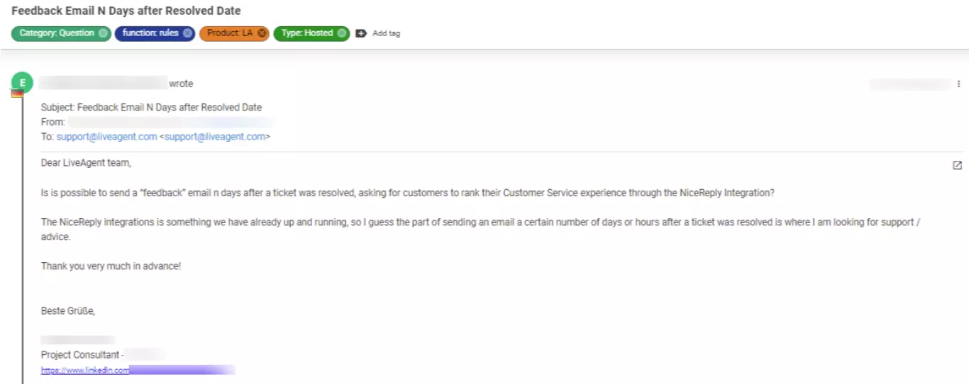 Screenshot of a ticket that shows a customer issue that is considered low priority.