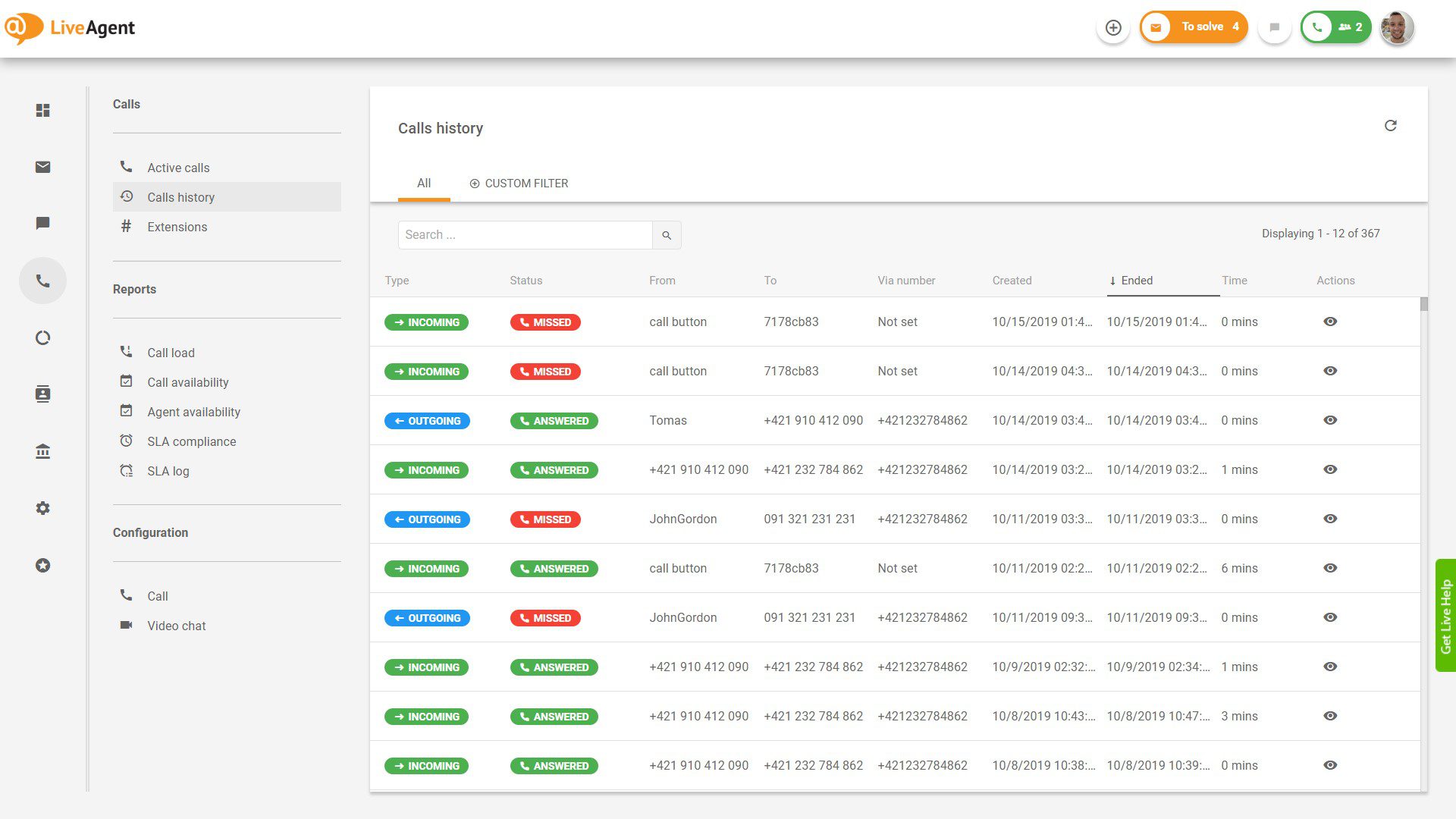 Overview of the call center interface in LiveAgent.
