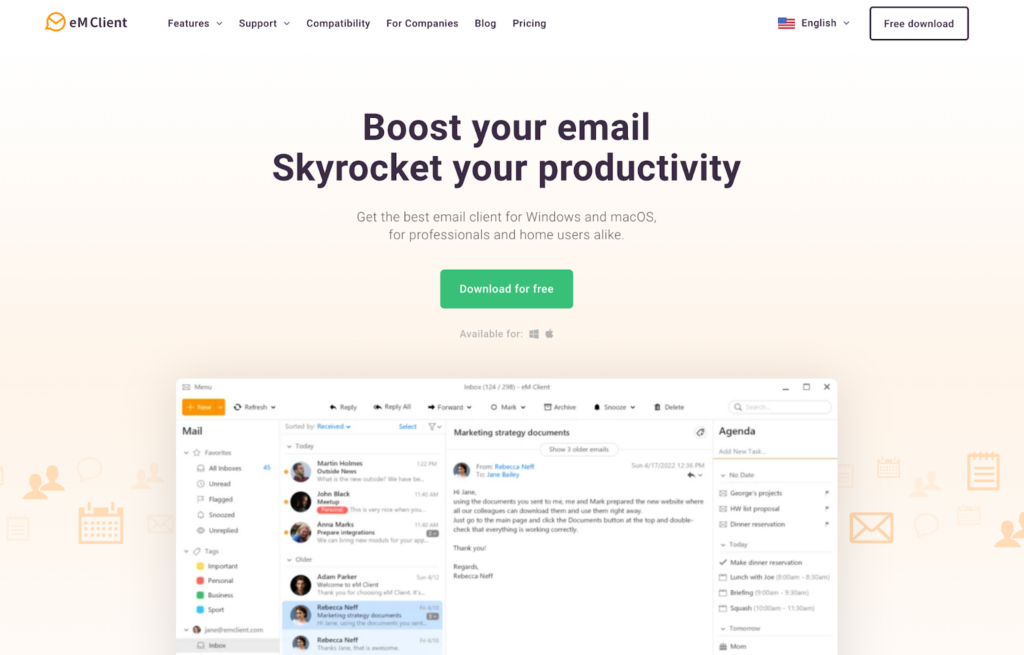 Домашняя страница eM Client