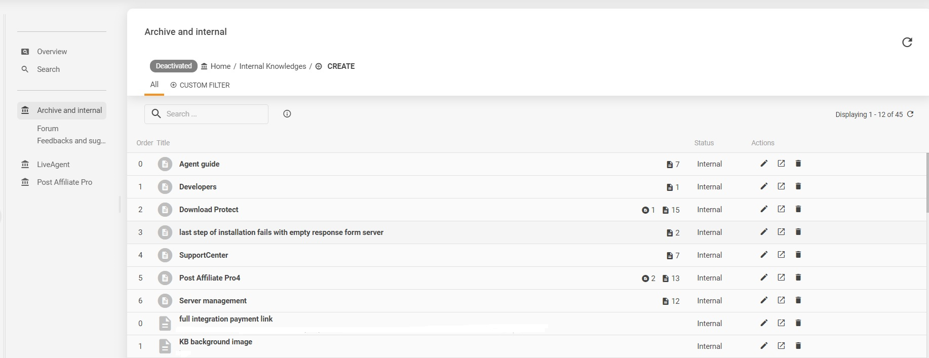 Пример внутренней базы знаний LiveAgent
