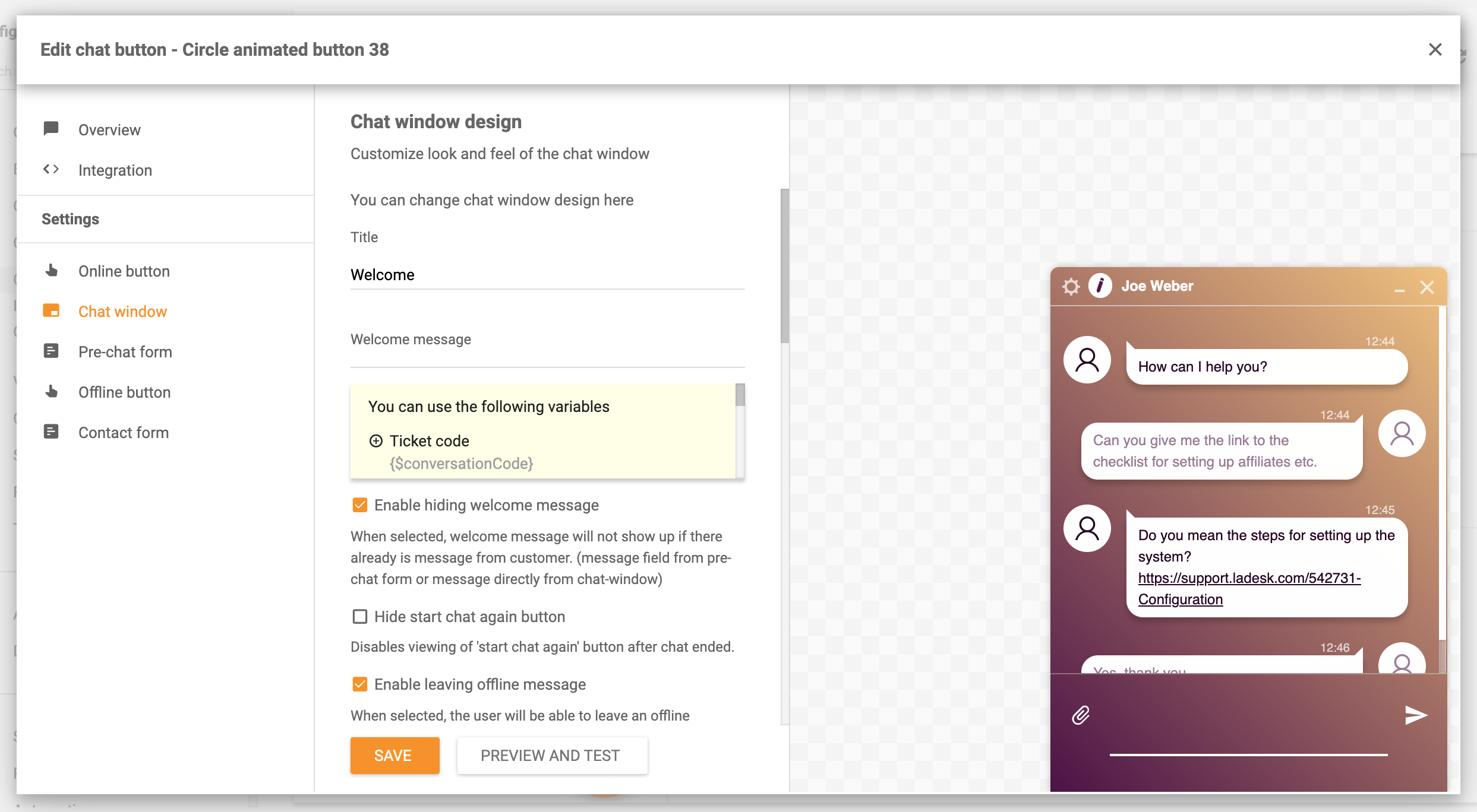 Параметры дизайна окна чата
