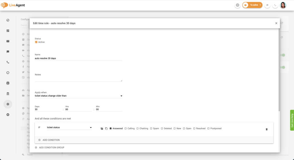 Edit time rule in LiveAgent