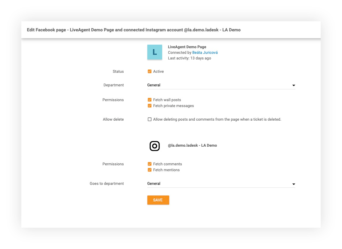 Instagram feature in LiveAgent