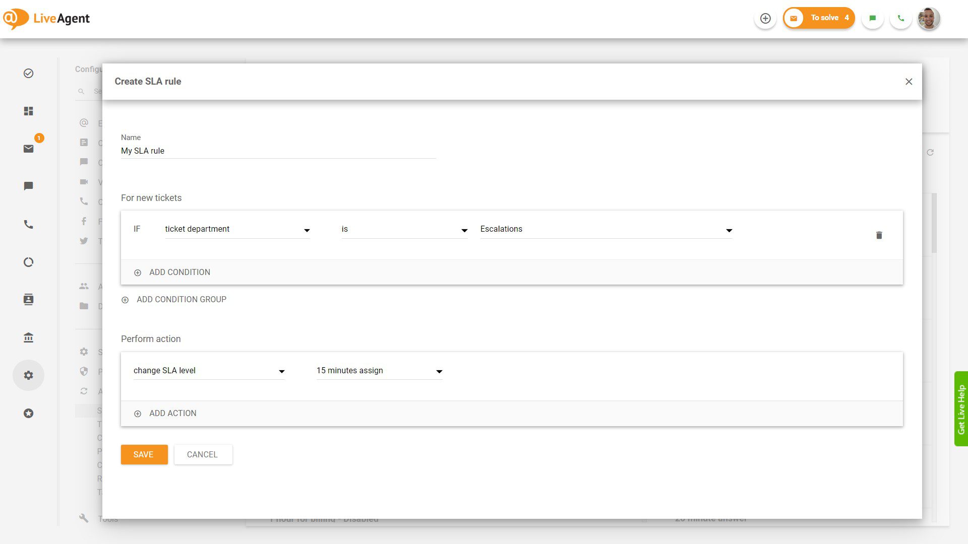 Создание правила SLA в LiveAgent