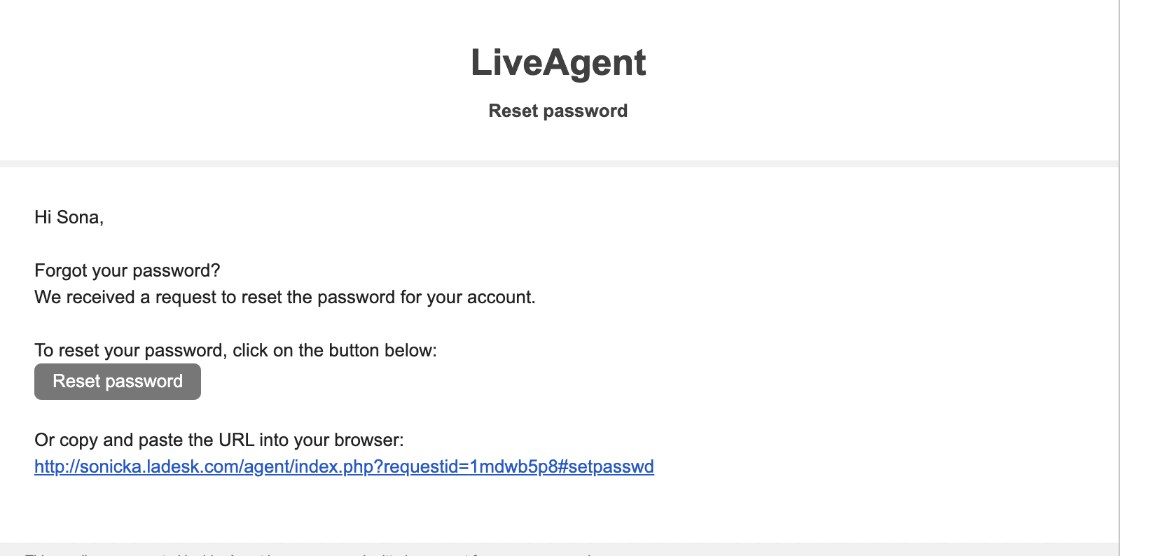 Password reset email LiveAgent