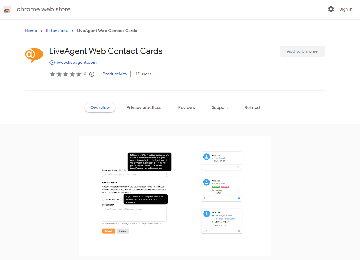 Web contact cards extension in Chrome browser