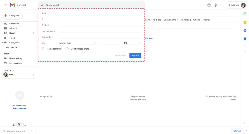 Gmail spam filtering example 2