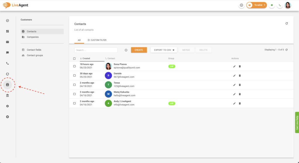 Finding contacts in LiveAgent