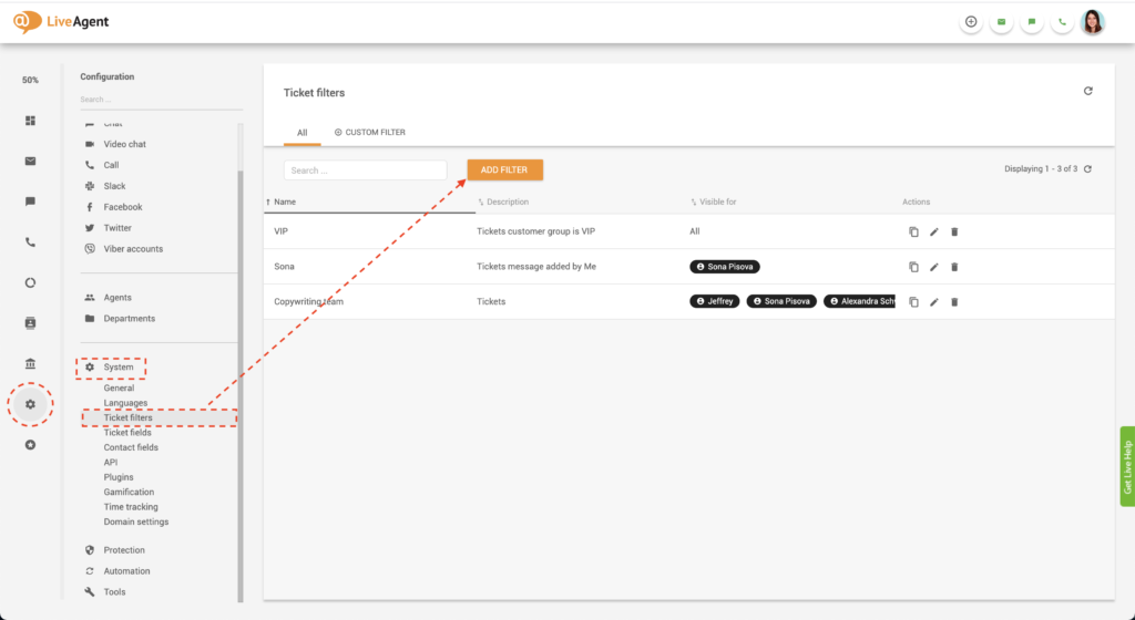 LiveAgent Create global filter