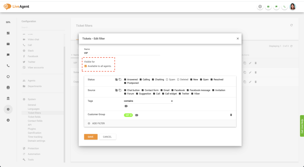 LiveAgent Edit global filter