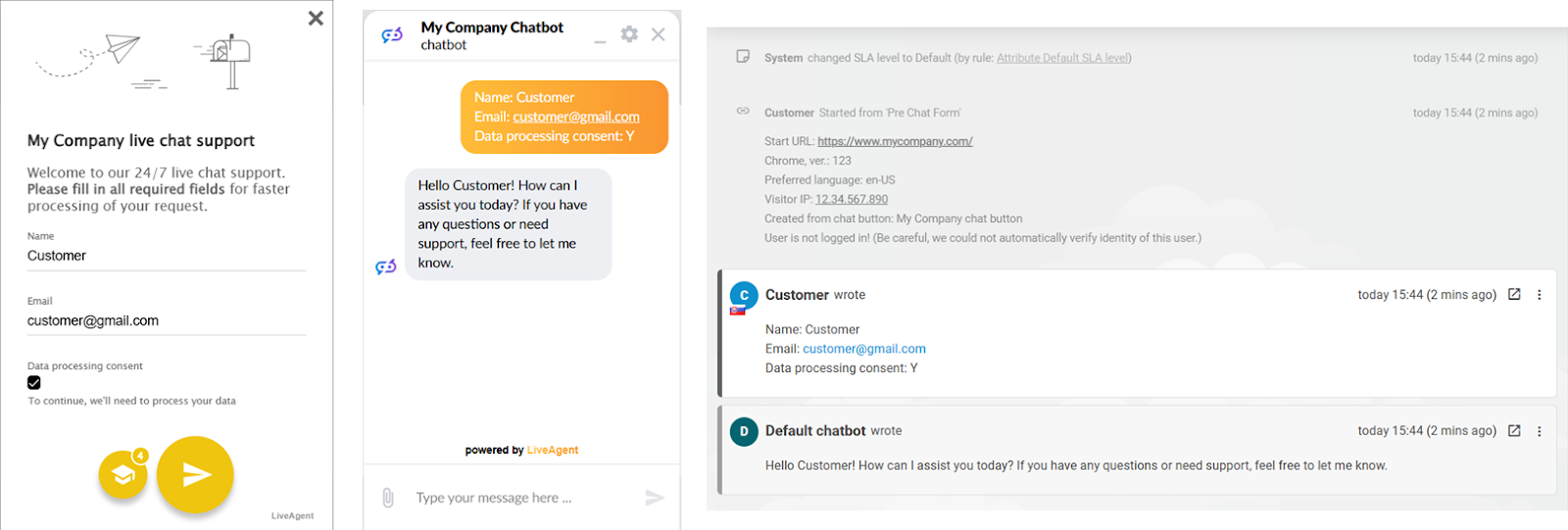 LiveAgent AI chatbot preview showing customer support chat interface