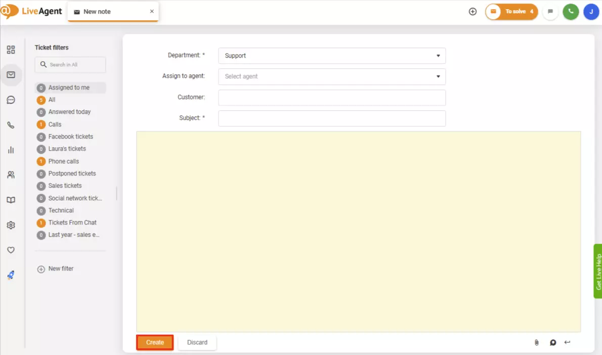 LiveAgent use internal notes to create a ticket form