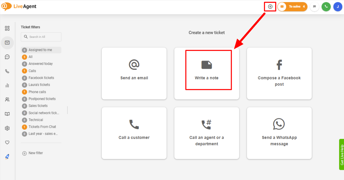 LiveAgent use internal notes to create a ticket