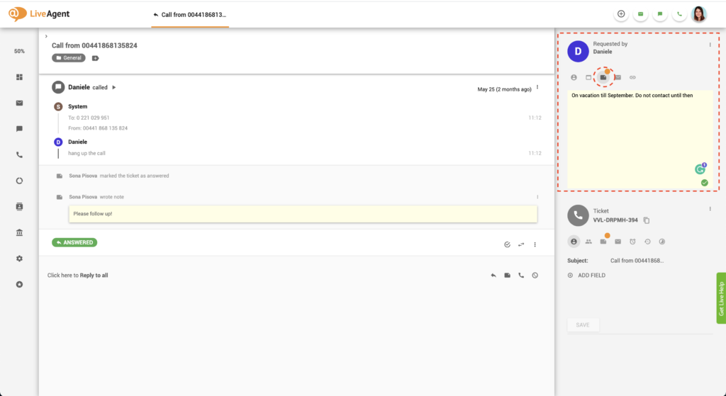 Liveagent customer note