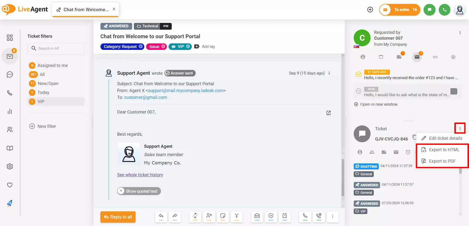 Детали тикета Liveagent - экспорт тикета