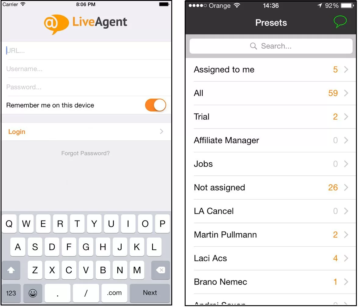 LiveAgent iOS application interface