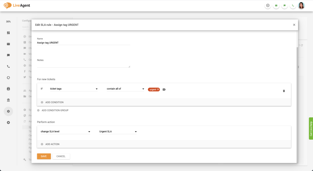 Пример настройки срочного SLA