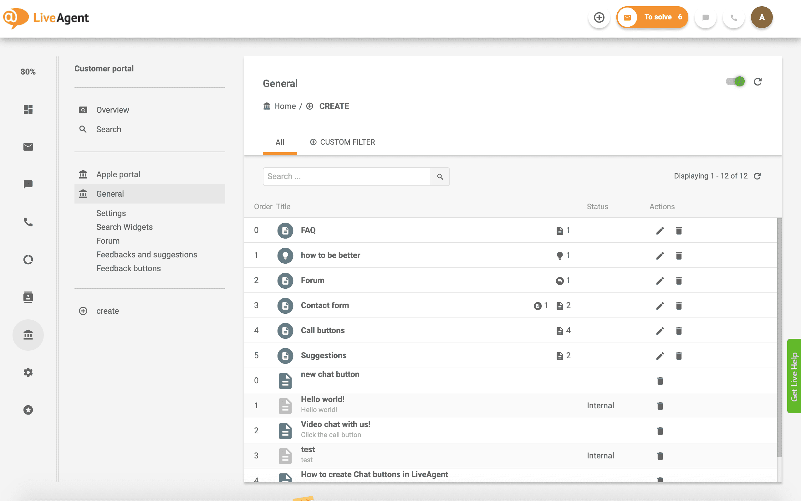 Overview of the knowledge base interface in LiveAgent.