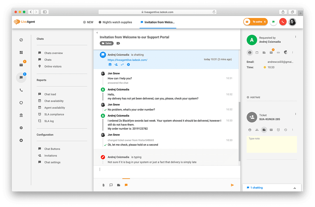 Overview of the live chat interface in LiveAgent.