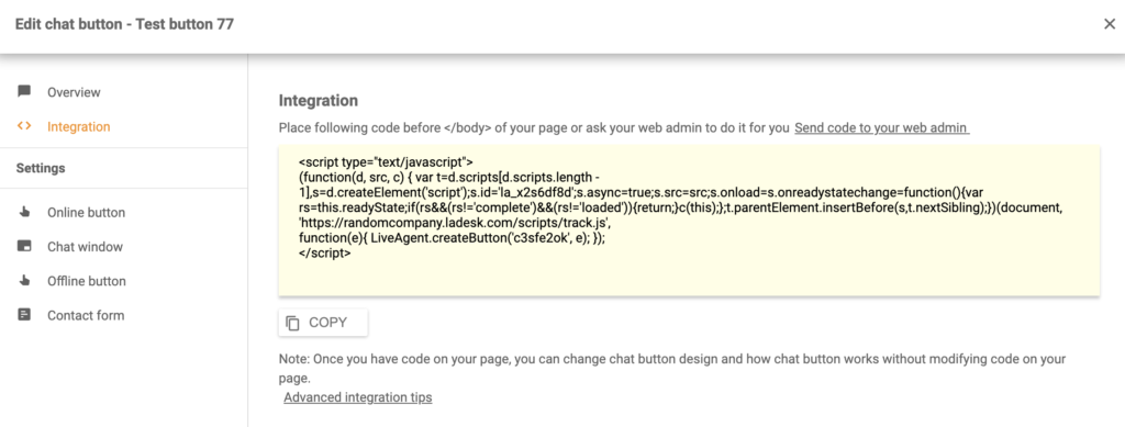Код интеграции Shift4shop LiveAgent