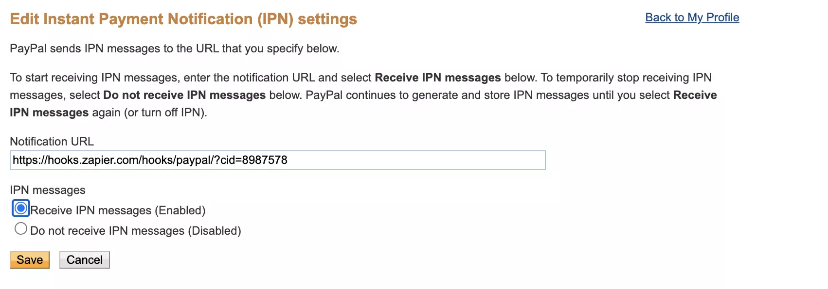 Instant Payment Notification settings section in PayPal