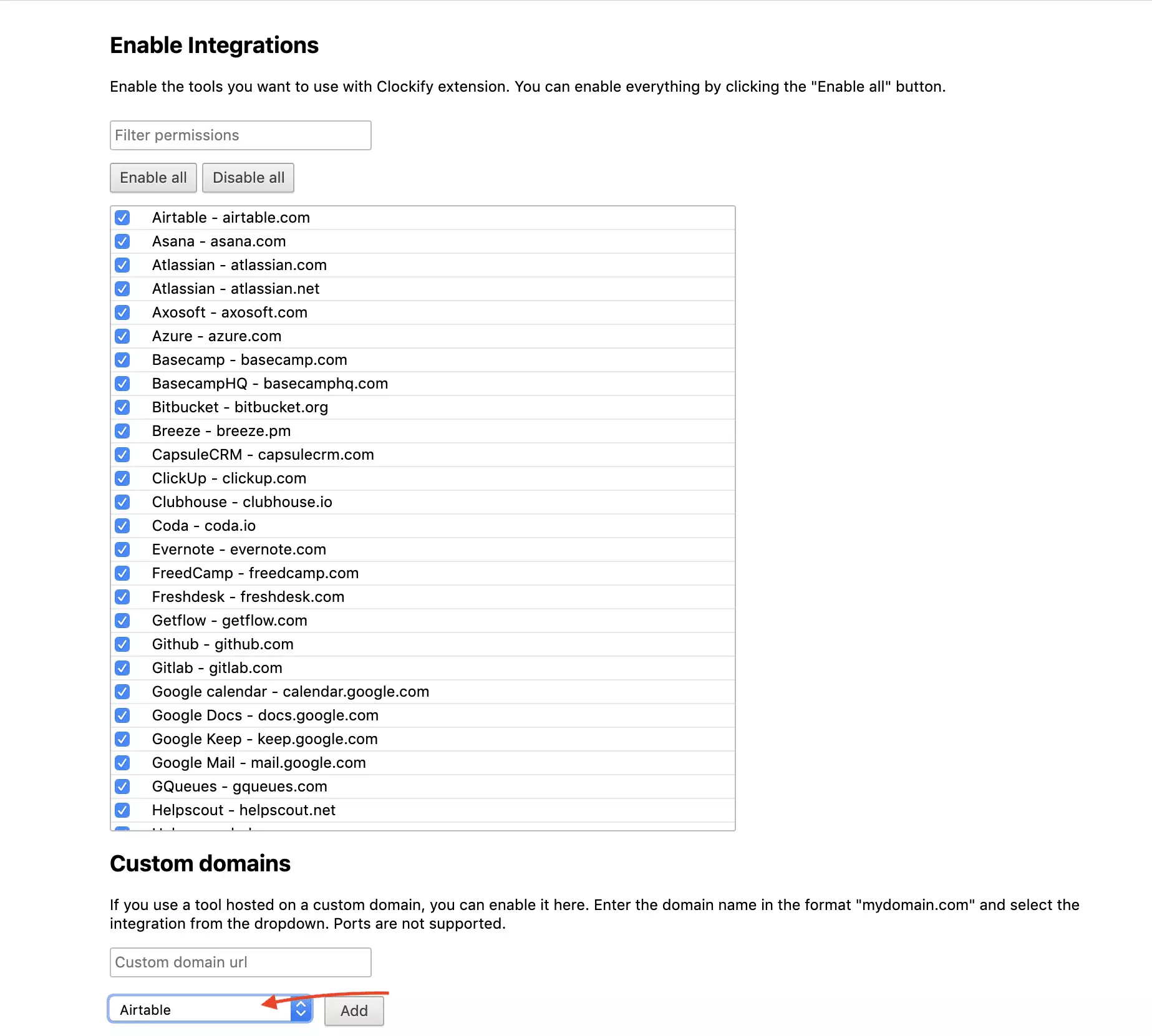Выбор интеграции Clockify