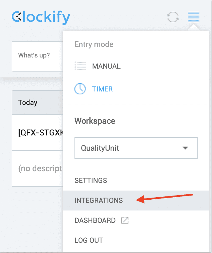Меню интеграций Clockify