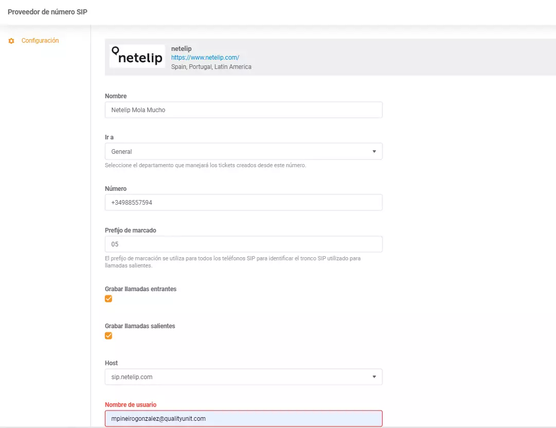 Netelip LiveAgent integration credentials