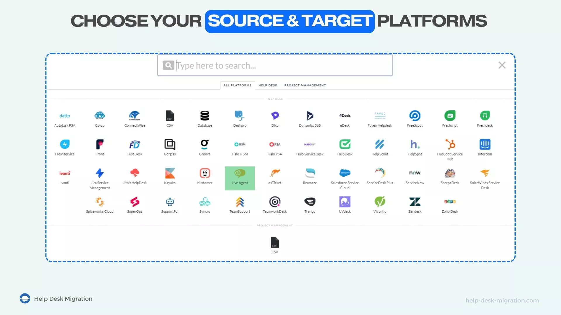 Supported platforms in Help Desk Migration