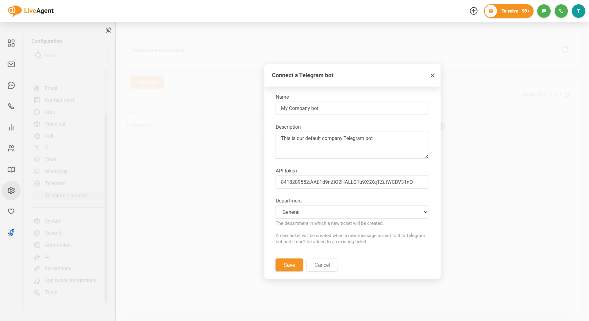 Скриншот интеграции Telegram в LiveAgent как подключить бота