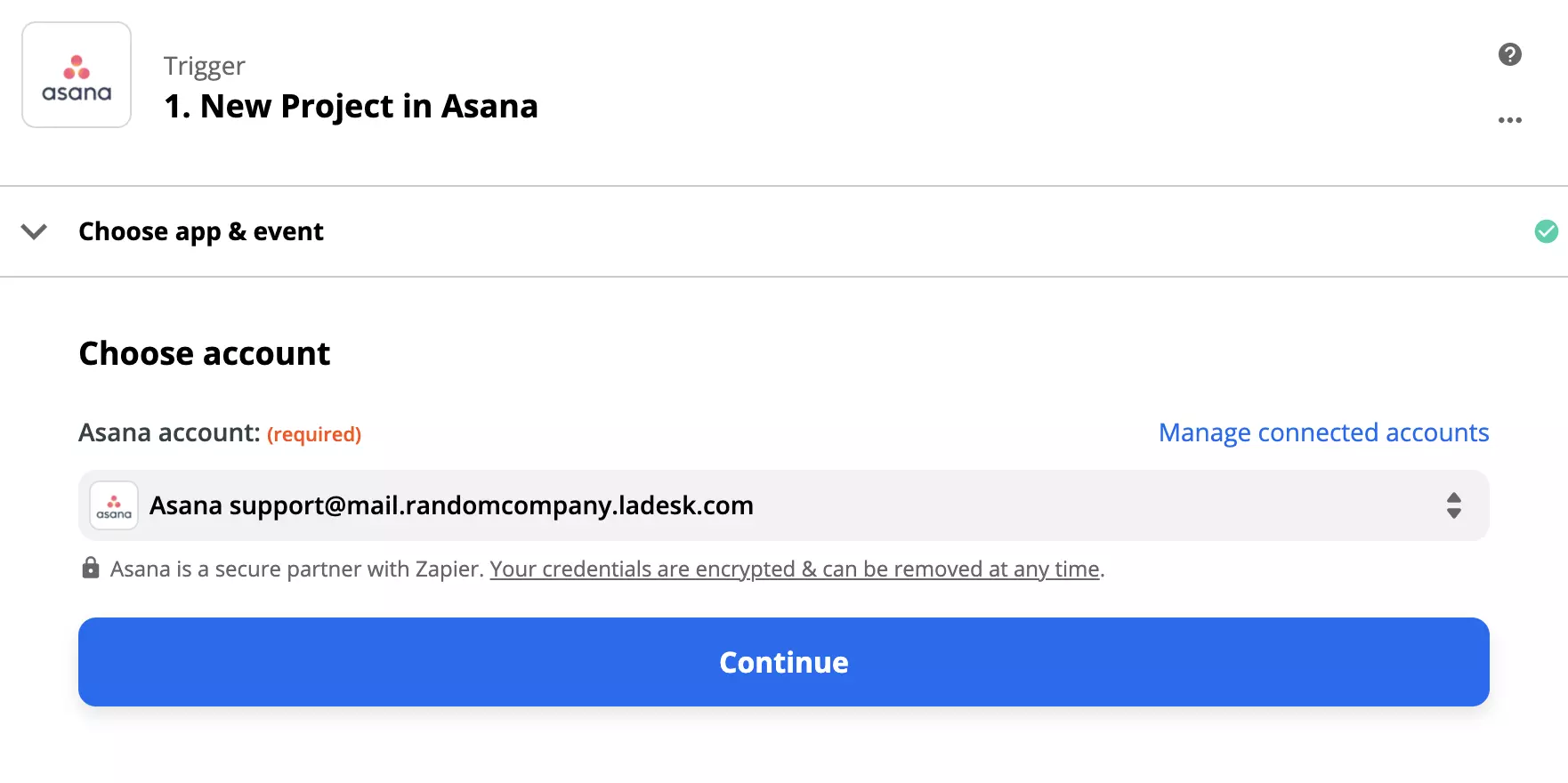Asana trigger setup on Zapier