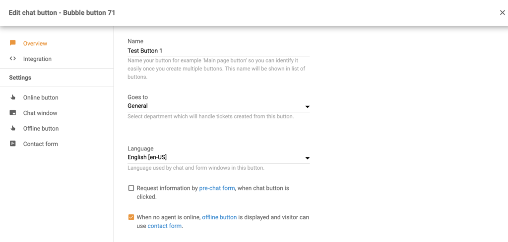 Конфигурация кнопки чата как часть интеграции Volusion