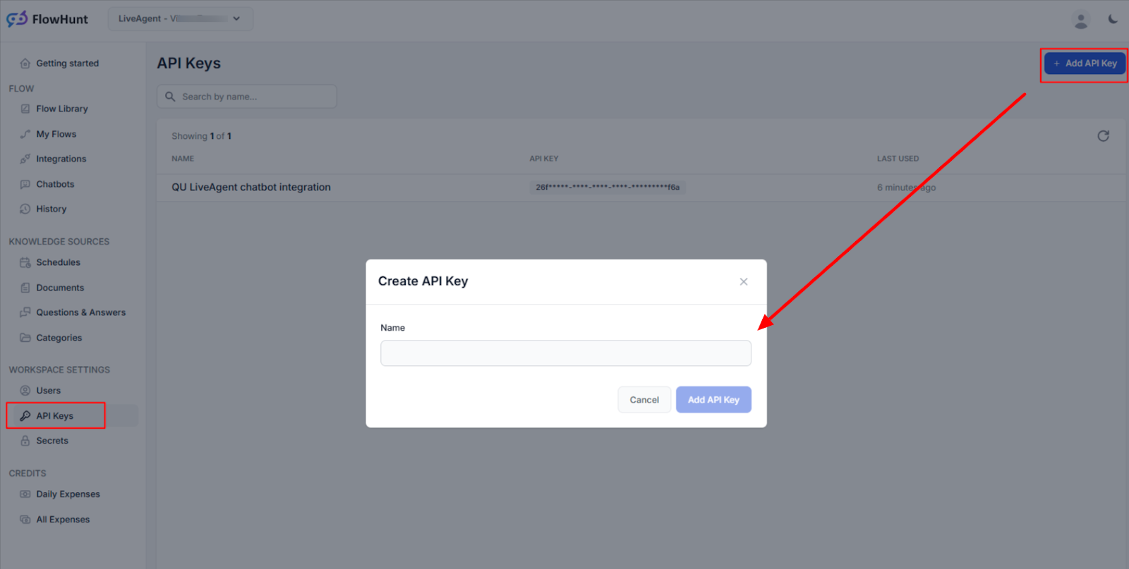 Creating an API key for the integration of the FlowHunt workspace with LiveAgent