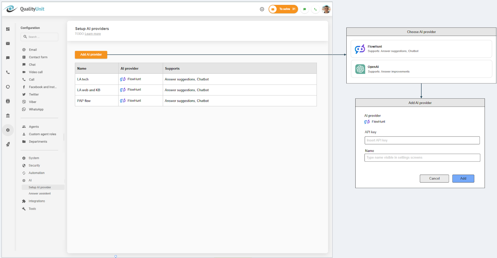 Connecting the LiveAgent AI provider