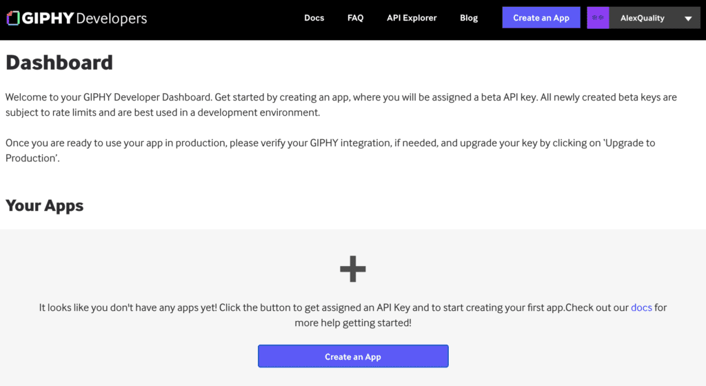 Панель управления Giphy с опцией создания приложения для генерации ключа API