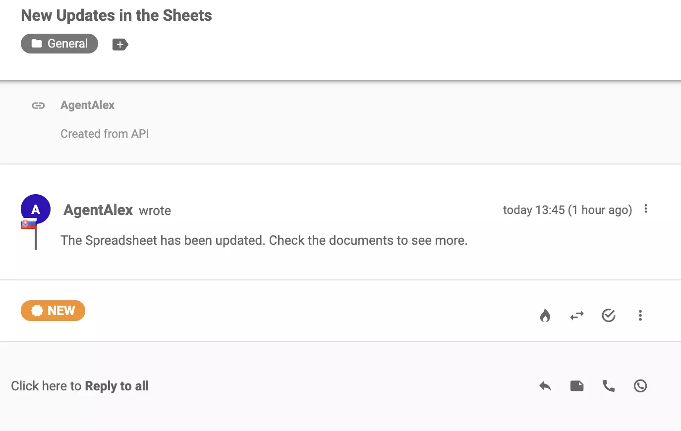 Новый билет, поступивший в систему управления билетами после успешной интеграции с Google Forms