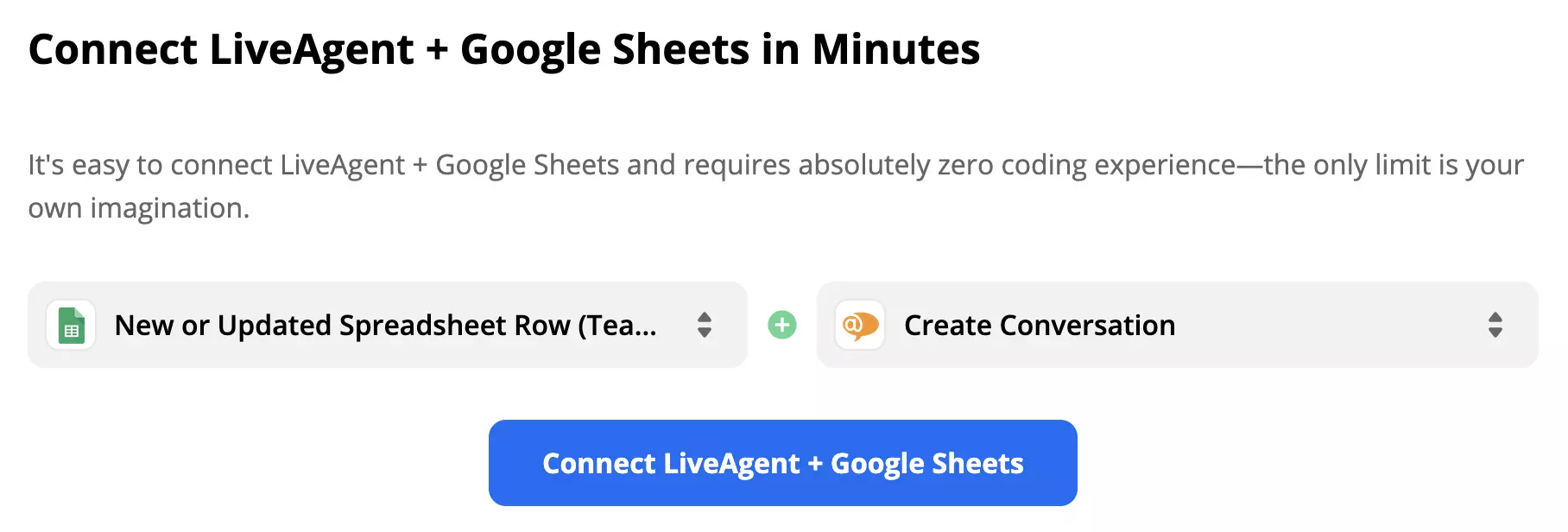Выбранный триггер Google Sheets и действие LiveAgent