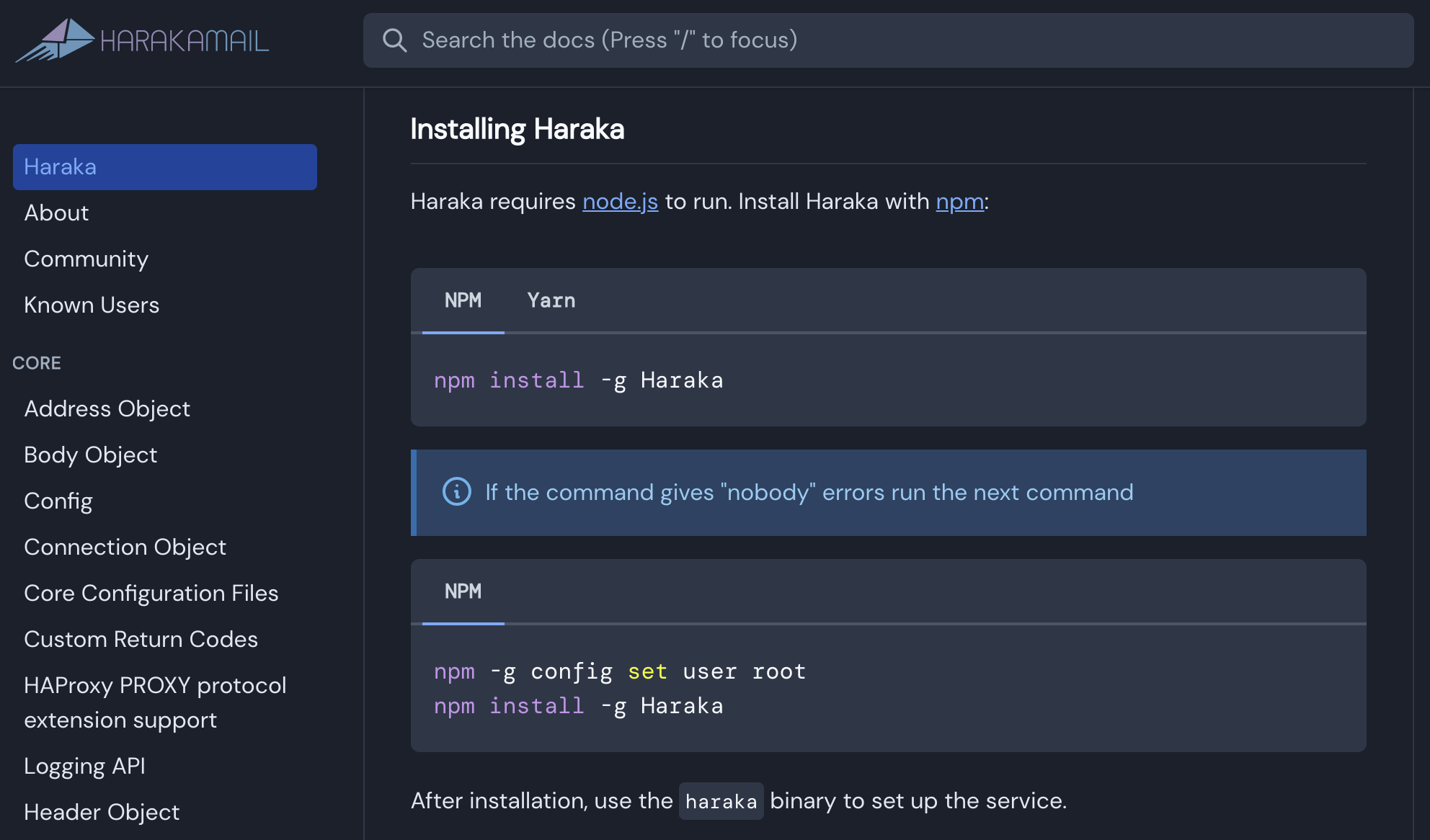Haraka homepage with Installation instructions
