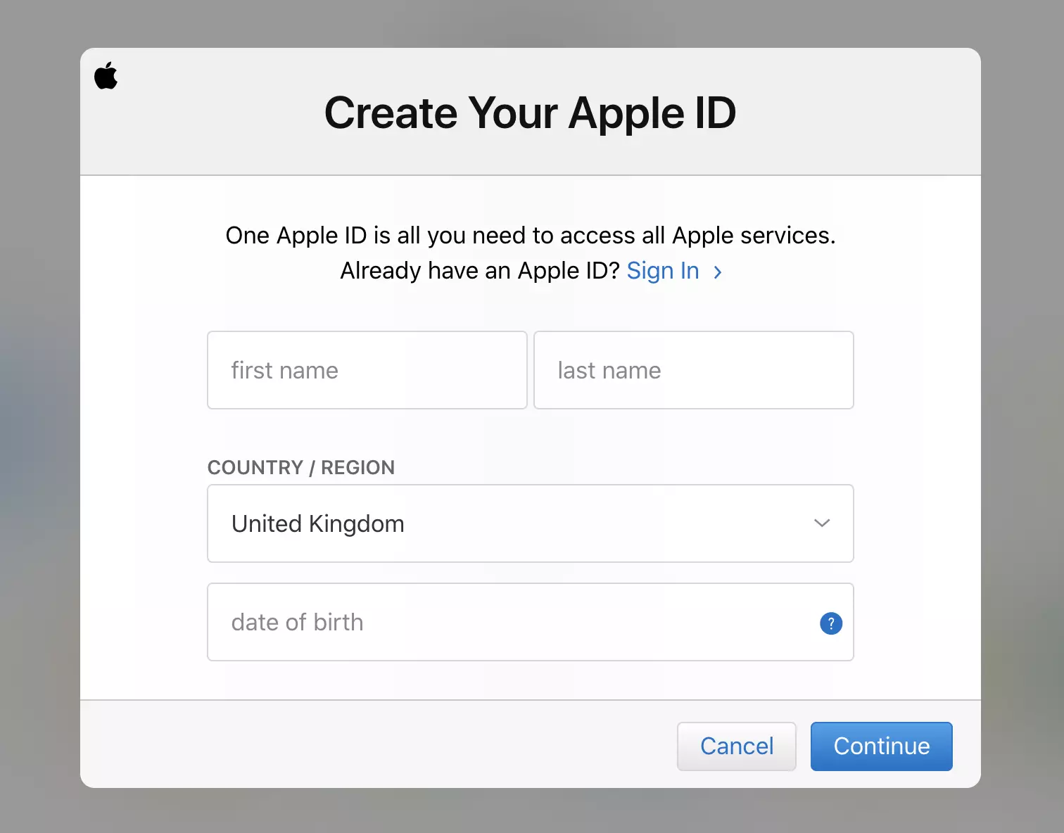 iCloud account registration form