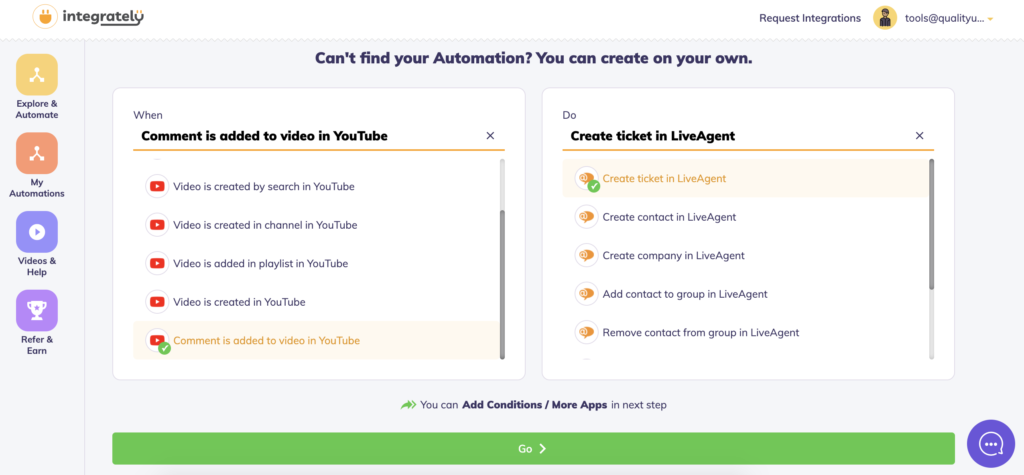 YouTube and LiveAgent actions selected